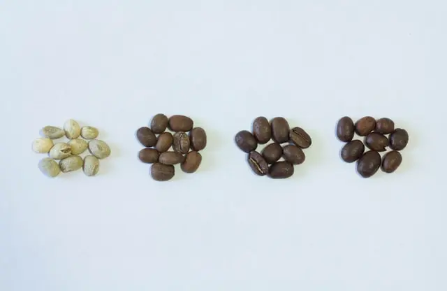 Dark Roast vs. Light Roast: 5 Mind-Blowing Differences 2 four small piles of coffee beans ranging from green to dark roast on a white background