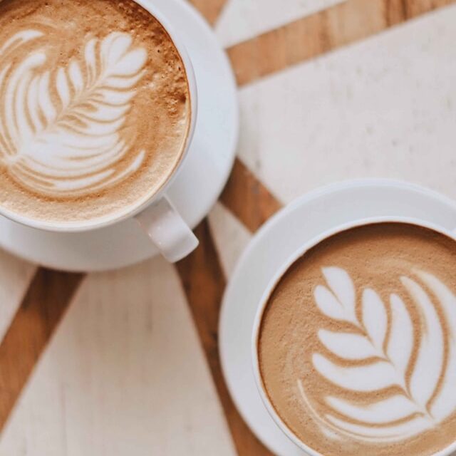 two lattes in white cups with leaf art in foam on wood and white table, Ingredients for a latte
Making a latte at home
Make lattes at home
Making lattes
