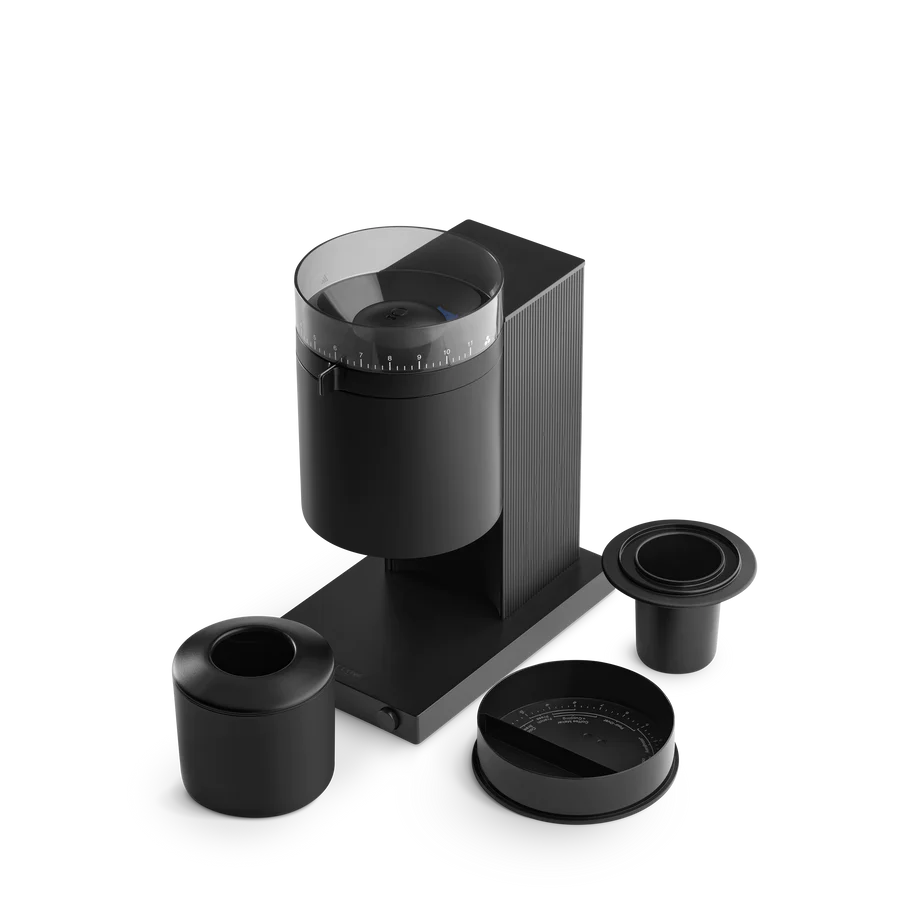 Fellow Opus grinder disassembled with lid and catch cup beside it, fellow opus grinder review